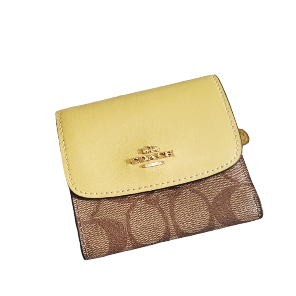 Coach Small Wallet In Signature Canvas & Yellow With Gold Hardware